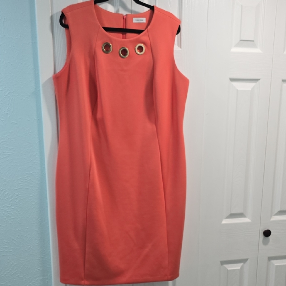 Calvin Klein Coral Midi Dress with Gold Accents